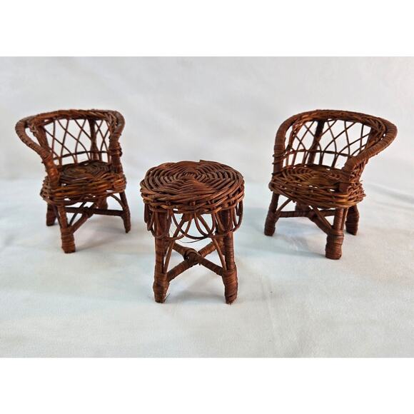 Vintage White Wicker Chairs And Table Brown 5" Tall Chair 4" Table 3" Wide‎ - Picture 1 of 16